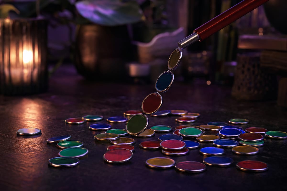 Translucent coloured bingo chips with metal rims scattered on a dark table, and a magnetic wand lifting a chain of four of them (AI-generated image)