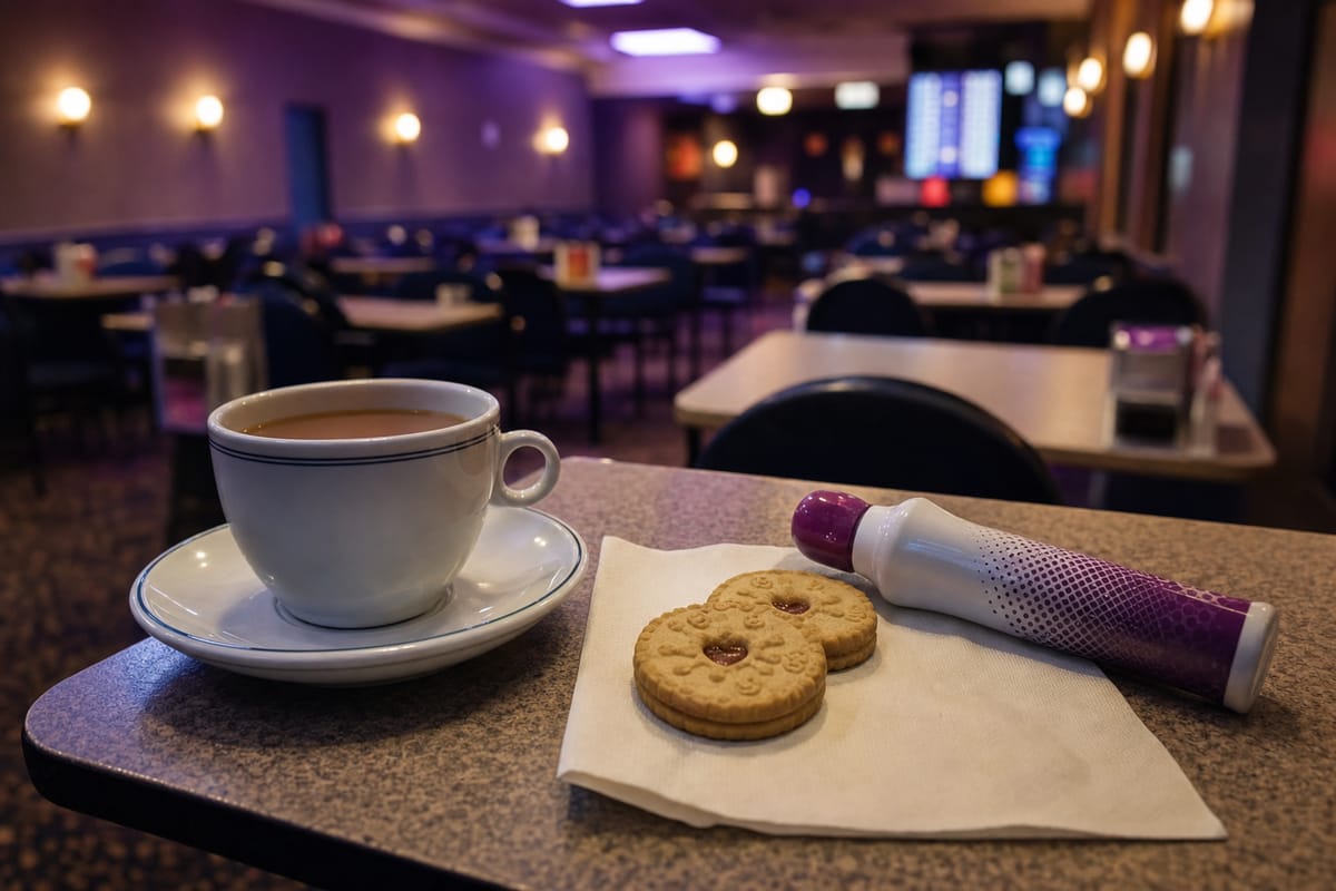A cup of tea on a saucer, two biscuits on a napkin and a capped bingo dabber on a small table in an empty hall (AI-generated image)