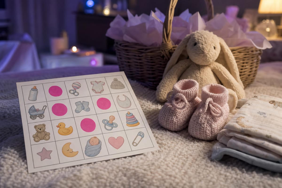 A baby shower bingo card of baby items with pink dabber dots on some squares, next to knitted booties, a soft toy rabbit, muslins and a basket (AI-generated image)