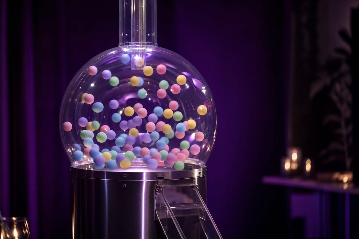 An air-blower bingo machine: a clear dome full of pastel balls tossed about by air on a steel base, with a clear tube rising from the top (AI-generated image)