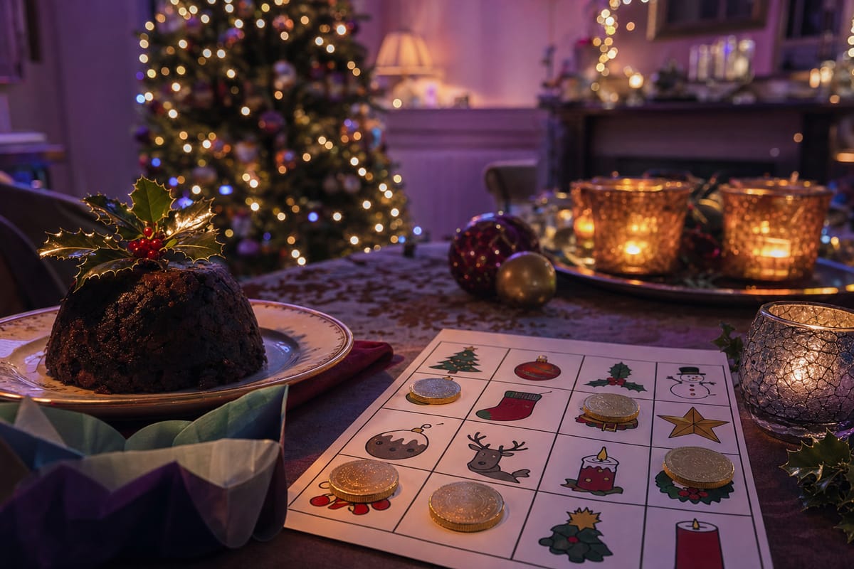A Christmas picture bingo card with chocolate coins on some squares, beside a Christmas pudding topped with holly, candles and a lit tree (AI-generated image)