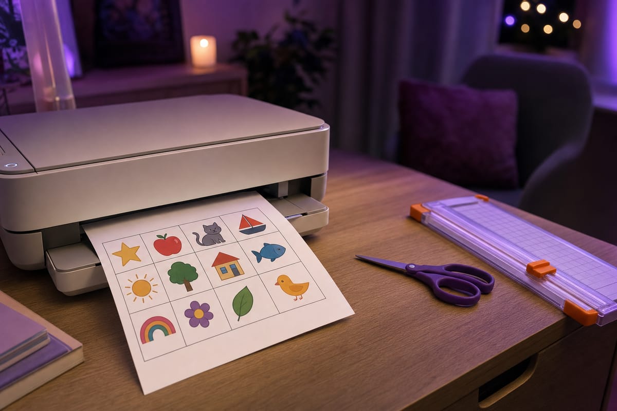 A home printer printing a picture bingo card with a grid of simple drawings such as a star, an apple, a cat and a boat, beside scissors and a paper trimmer (AI-generated image)