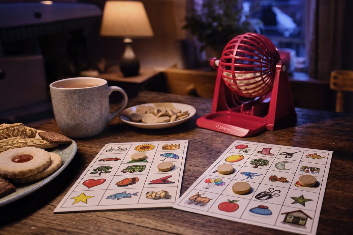 Two picture bingo cards with wooden counters on a kitchen table, beside a small red bingo cage, a mug of tea, a plate of biscuits and a saucer of counters (AI-generated image)