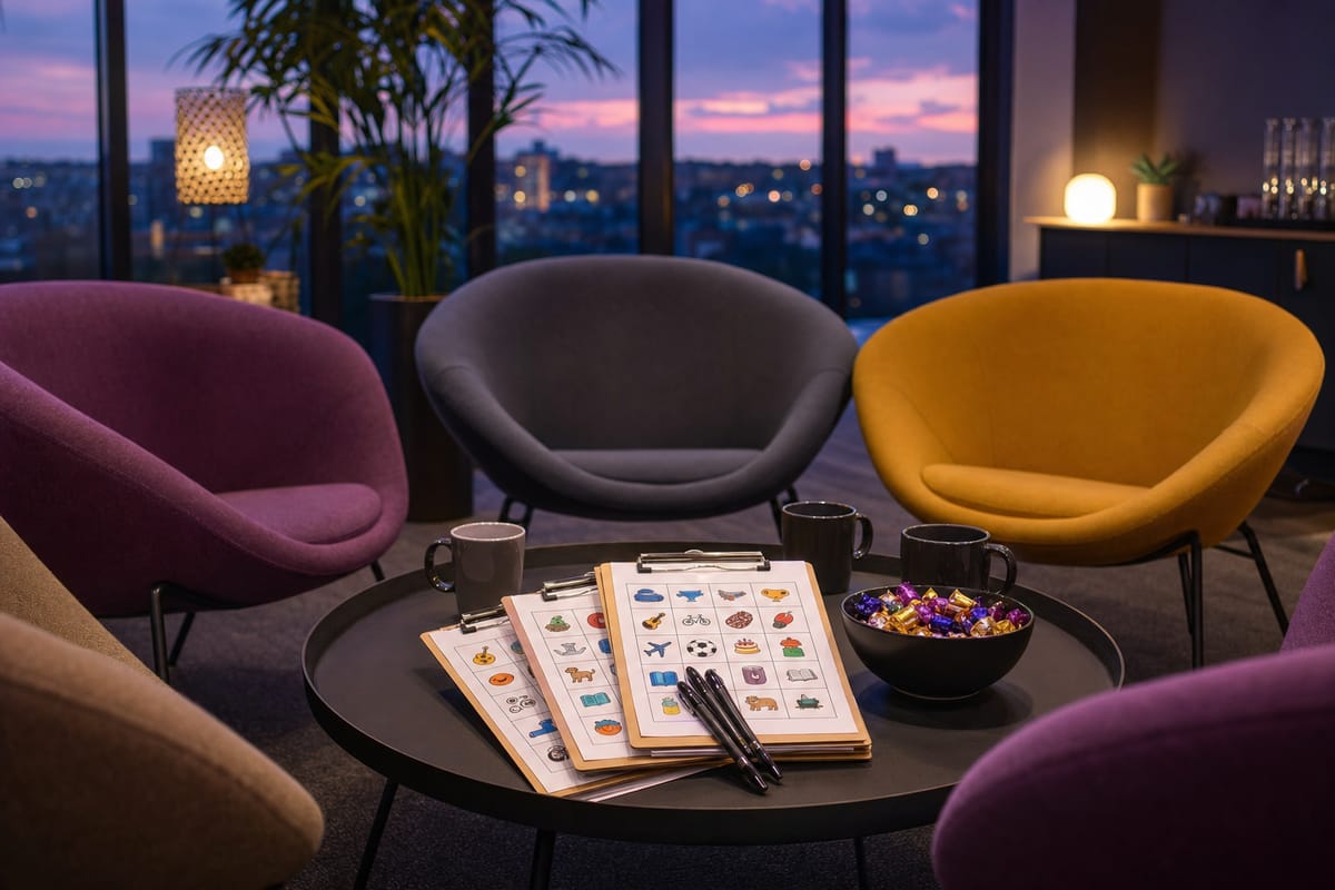Clipboards with picture bingo cards and pens on a round coffee table, with mugs, a bowl of sweets and armchairs in a circle by a window at dusk (AI-generated image)
