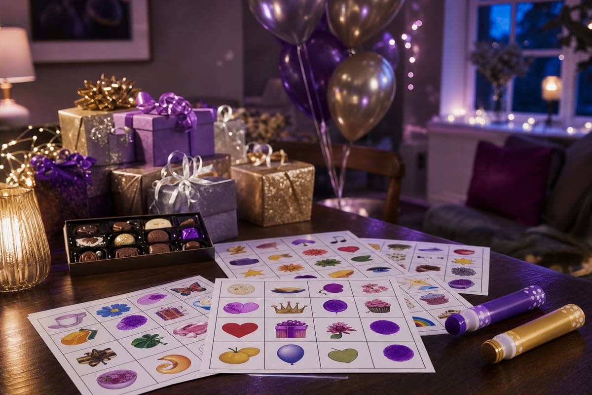 Picture bingo cards and two dabbers on a table in front of gifts wrapped in violet and gold, a box of chocolates and a bunch of balloons (AI-generated image)