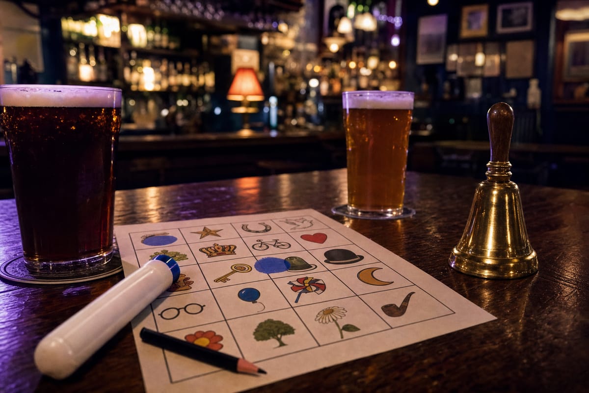 A picture bingo card with a dabber and a pencil on a pub table, between two pints of ale and a brass hand bell (AI-generated image)
