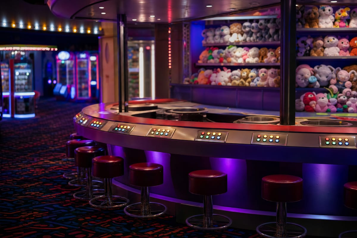 An empty prize bingo counter in an amusement arcade, with red stools, panels of coloured light-up buttons and shelves of soft toy prizes (AI-generated image)