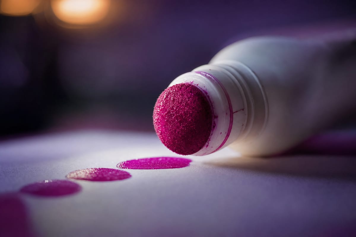 Close-up of an uncapped bingo dabber with a magenta foam tip, lying beside round magenta ink dots on pale paper (AI-generated image)