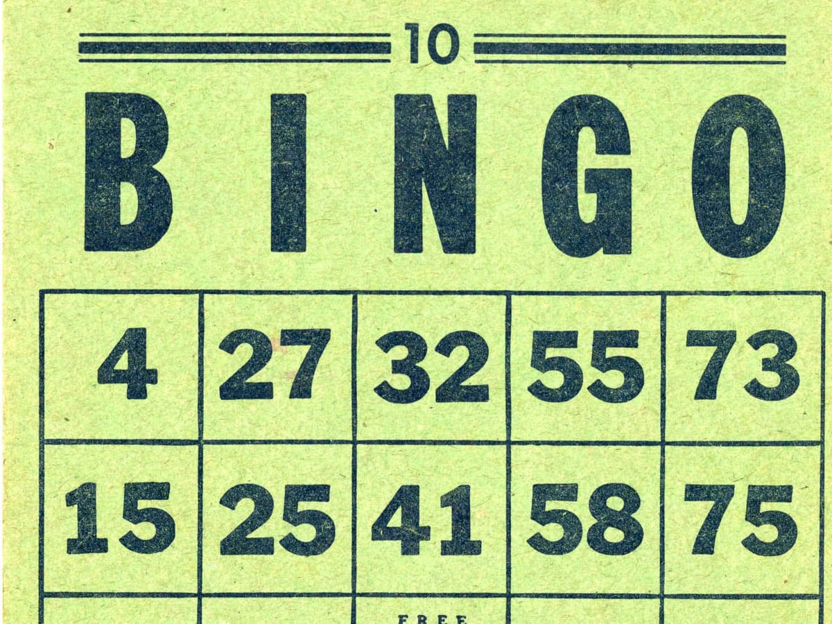 The top half of an old pale green bingo card numbered 10, with BINGO in large dark letters over the numbers
